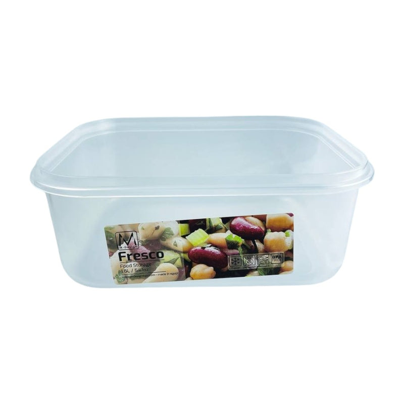 Clear rectangular Fresco food storage container with printed label, ideal for storing meals, snacks, or leftovers | Cupindy