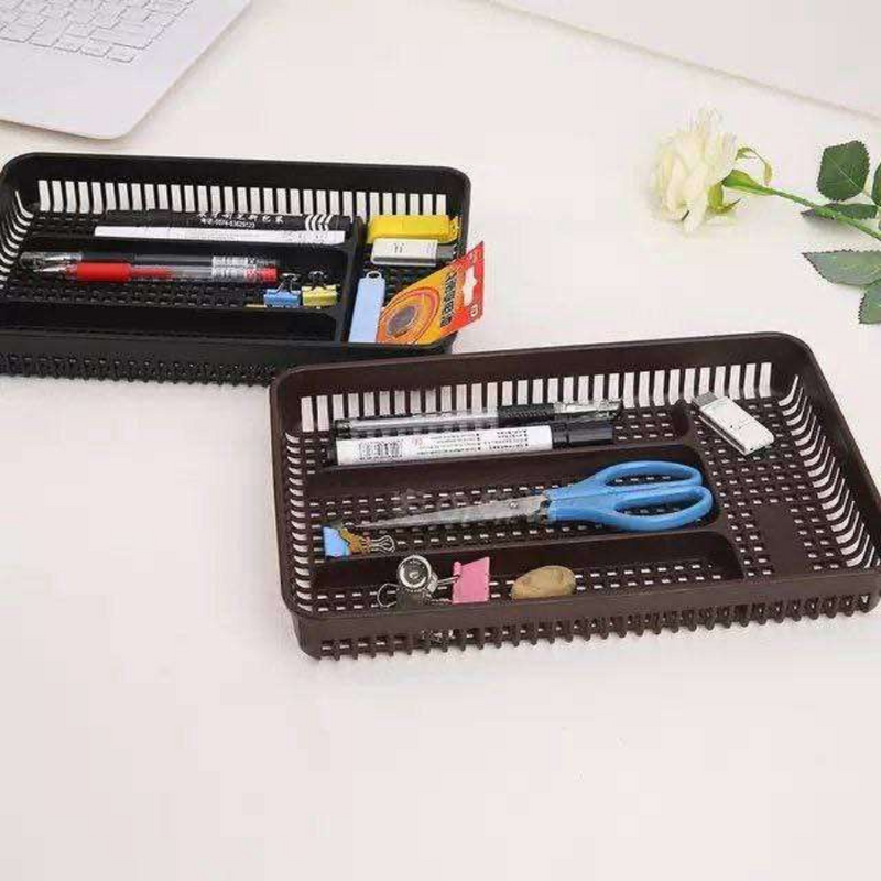 Durable plastic desk organizer with multiple sections for pens, pencils, and office supplies.