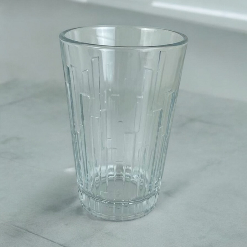 Single Pasabahce Scala Tumbler With Vertical Textured Design – 330ml Glass Cup On Marble Surface