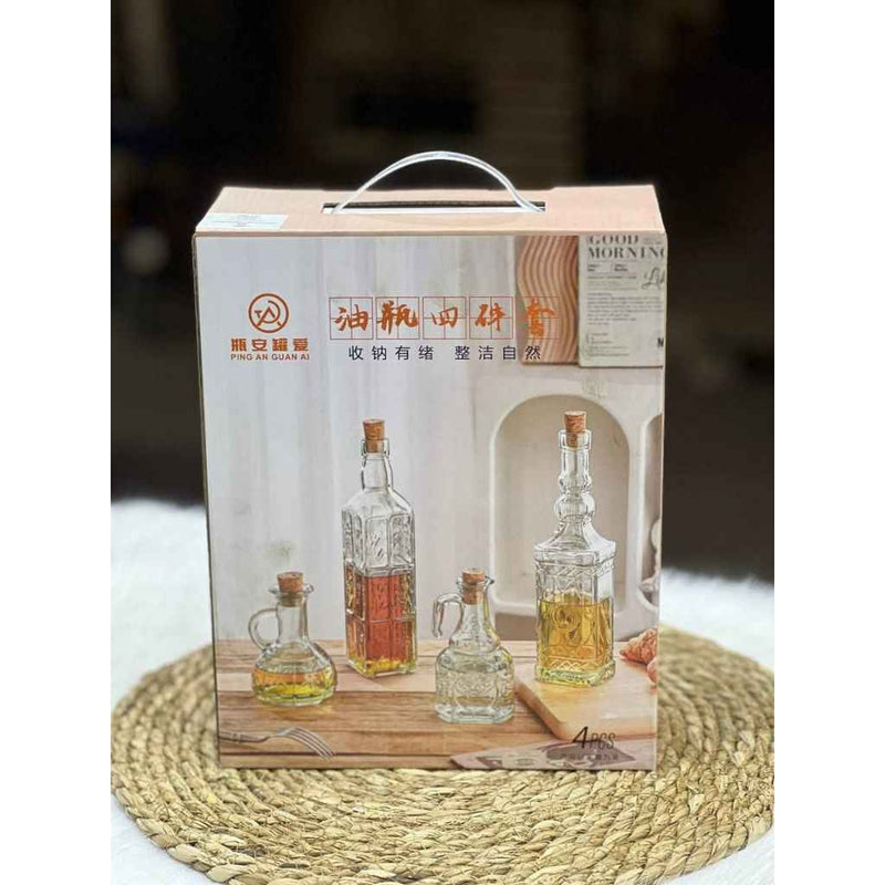 4-Piece Decorative Glass Oil & Vinegar Bottle Set With Cork Stoppers – Elegant Kitchen Set