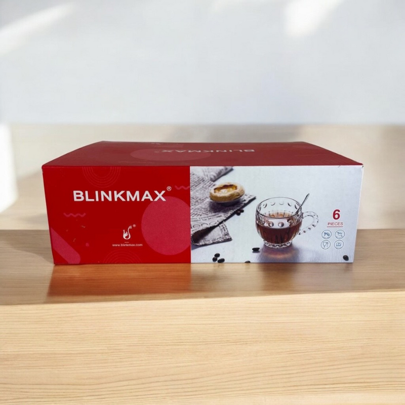 Blinkmax 185ml Glass Mug Set Of 6 - Decorative Design With Textured Handle