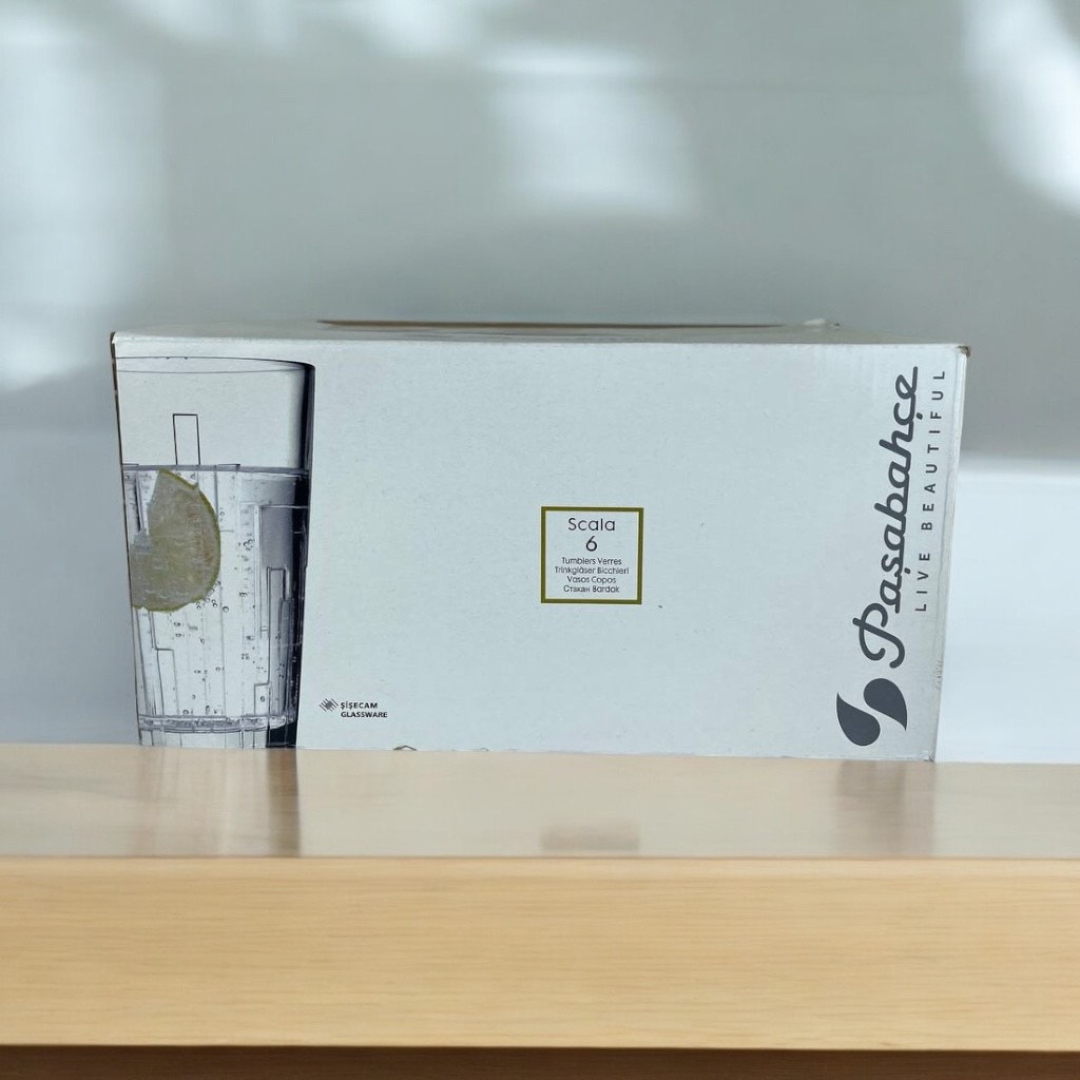 Pasabahce Scala Glass Tumbler Set Packaging Box – 6-Piece Clear Glassware With Vertical Design