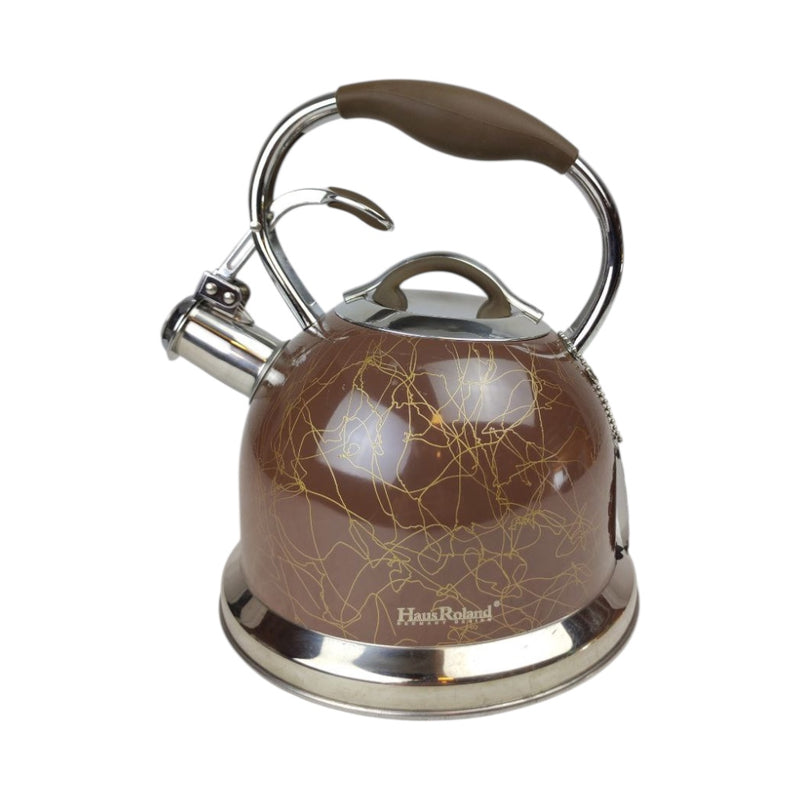 Brown and silver kettle with a decorative pattern on a white background