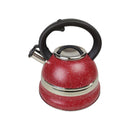 Red speckled kettle with black handle on a white background