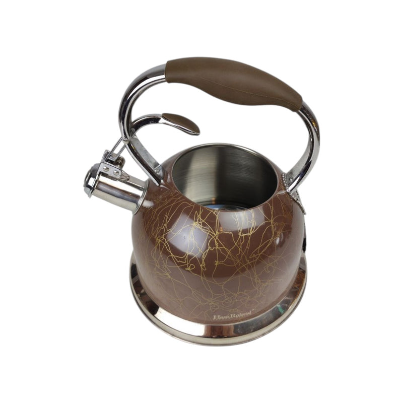 Brown and silver tea kettle with a wooden handle on a white background
