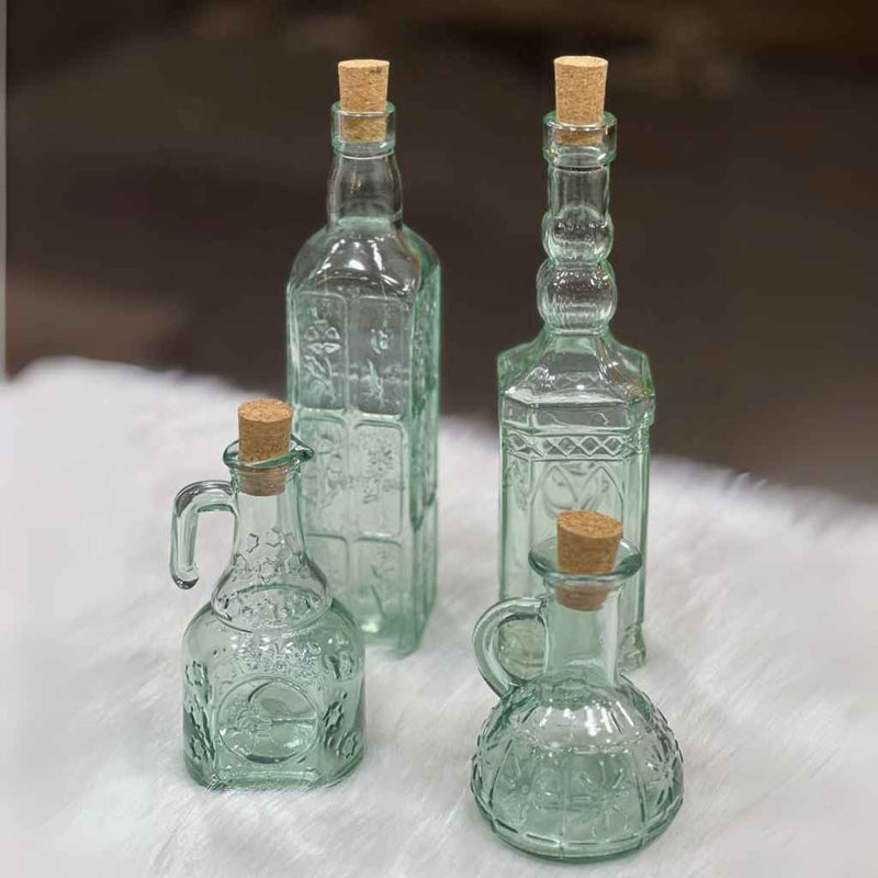 4-Piece Decorative Glass Oil & Vinegar Bottle Set With Cork Stoppers – Elegant Kitchen Set