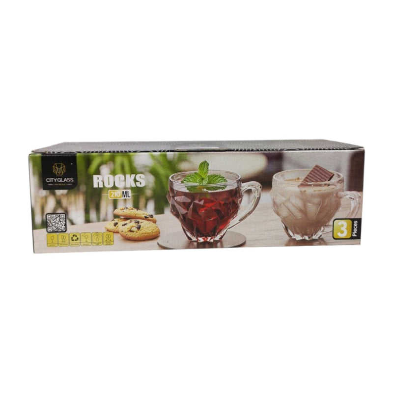 Box of City Glass glasses with a drink and cookie illustration on a white background