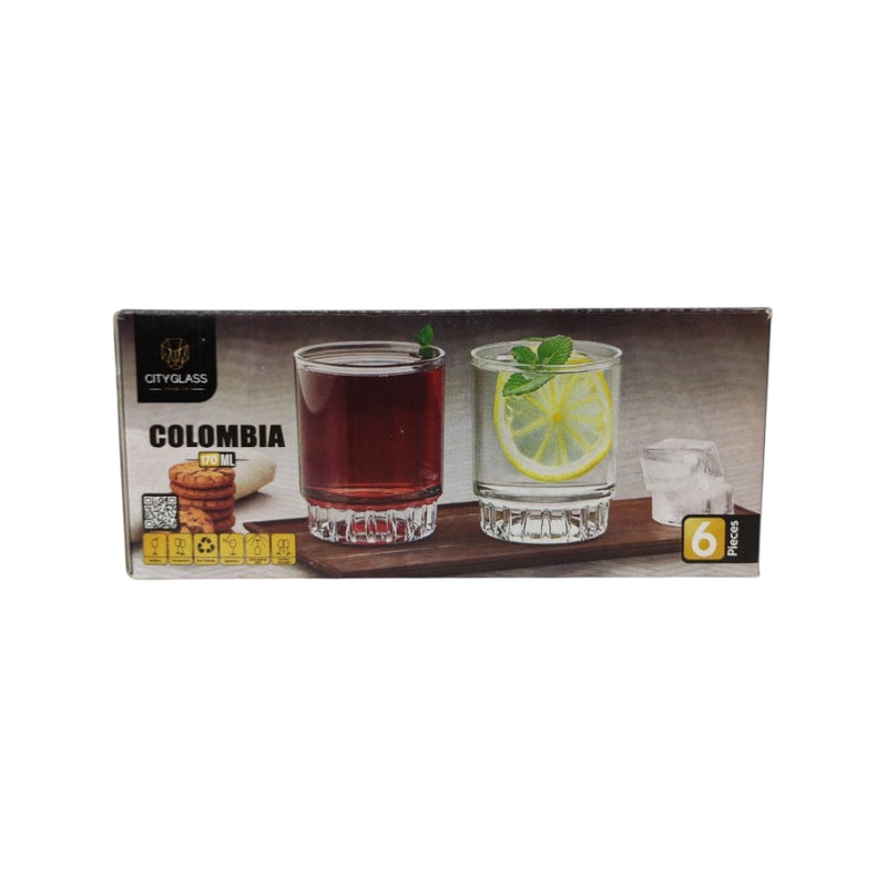 Packaging of City Glass Colombia glasses with two glasses on a tray.