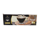 Packaging of City Glass Twist glasses with a glass of dark liquid and cookies on a white background