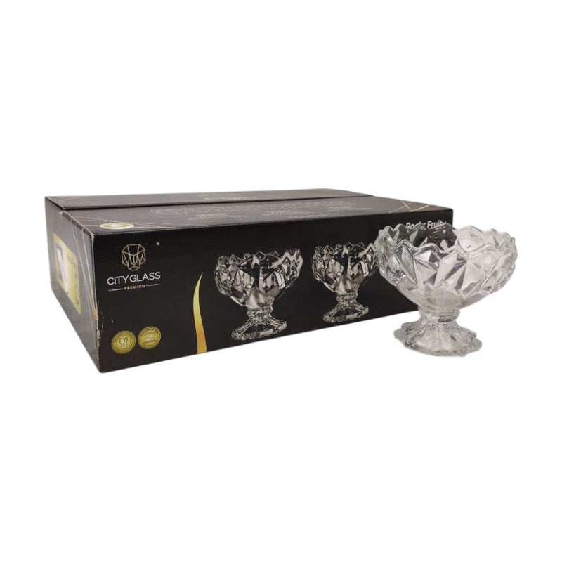 Clear glass dessert bowls with CityGlass packaging on a white background