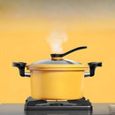 Yellow non-stick pot with heatproof handles and glass cover