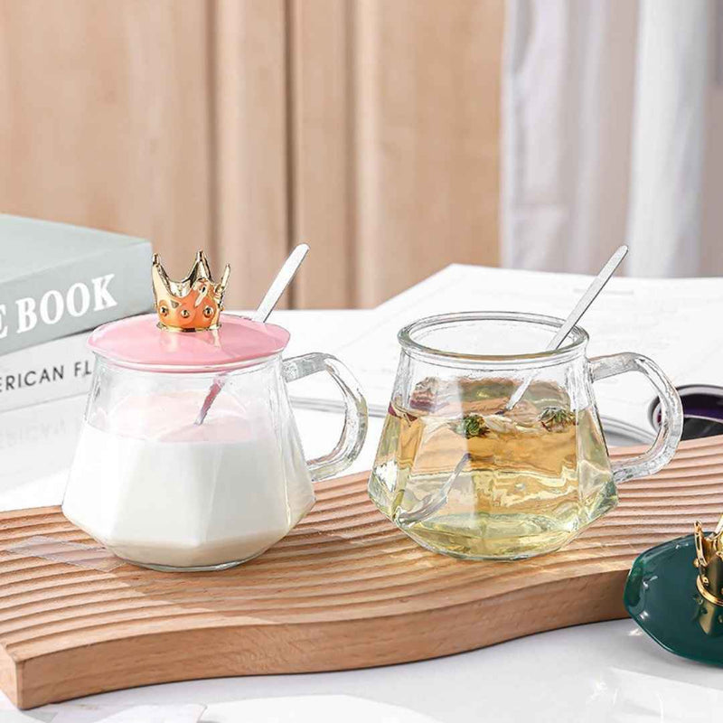 Stylish Glass Cup With Lid And Spoon For Hot Drinks 