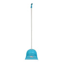 Blue dustpan with long handle on a white background