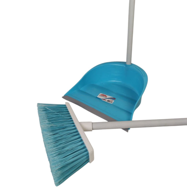 Teal broom and dustpan set on a white background