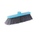 Blue push broom with gray bristles on a white background