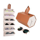 Sunglasses organizer with multiple compartments and a brown carrying case on a white background.