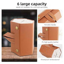 Brown leather pencil case with features highlighted on a wooden surface.