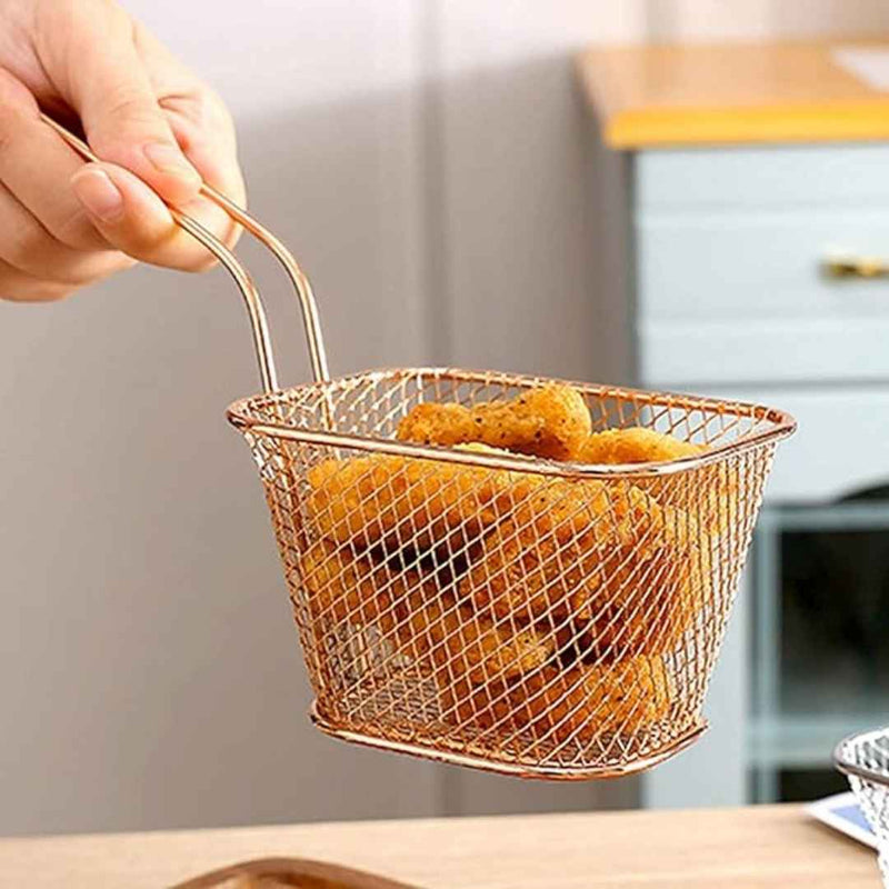 Golden Wire Mesh Serving Basket - Restaurant Style French Fry & Food Holder
