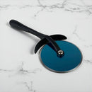 Blue pizza cutter with black handle on a marble surface