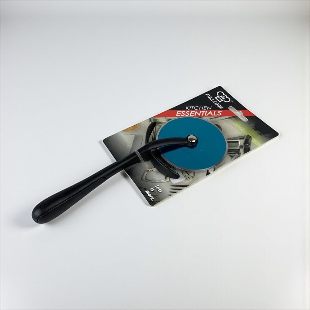 Wheel cutter with black handle and blue wheel on a 'Kitchen Essentials' branded card.
