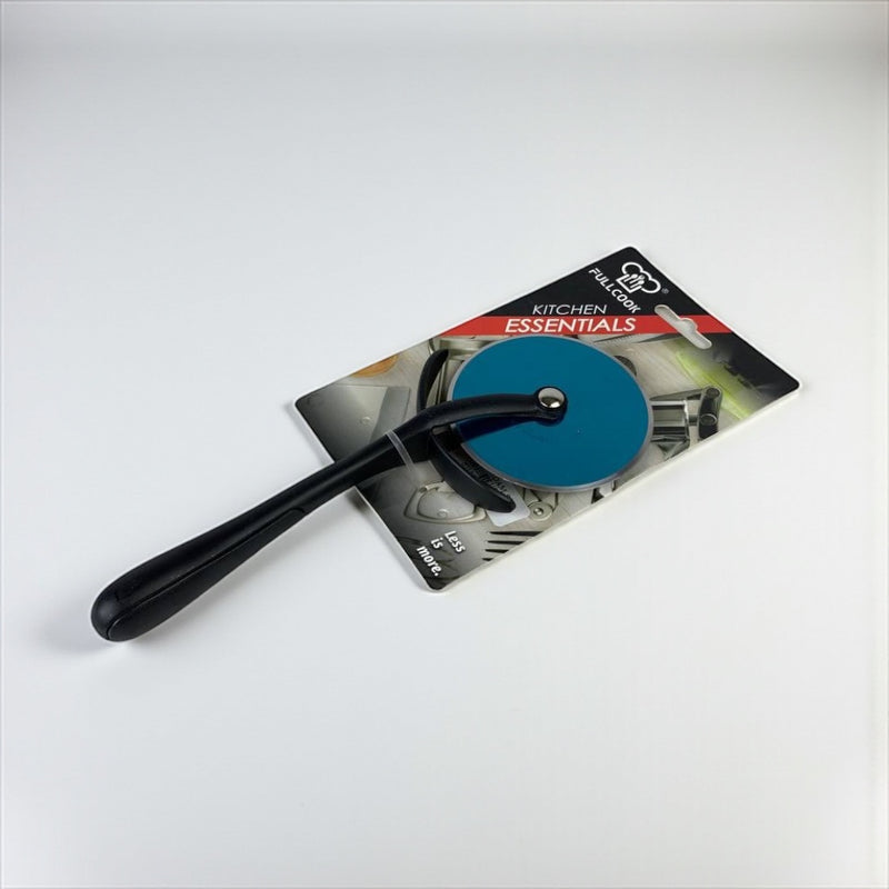 Wheel cutter with black handle and blue wheel on a 'Kitchen Essentials' branded card.