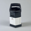 Black and white trash can with 'Fullcode' branding on a gray background