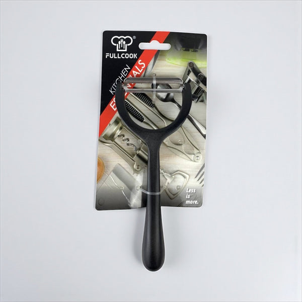 Black kitchen peeler with packaging on a white background