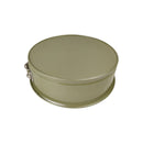 Green round metal container with a lid on a white background