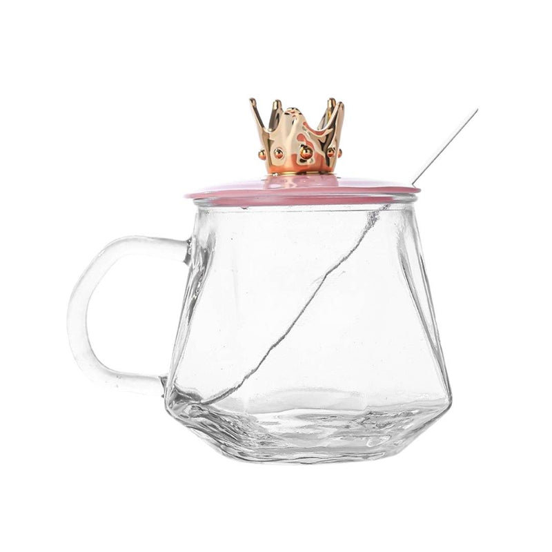 350ML Glass Mug With Pink Crown Lid And Spoon For Milk Or Tea