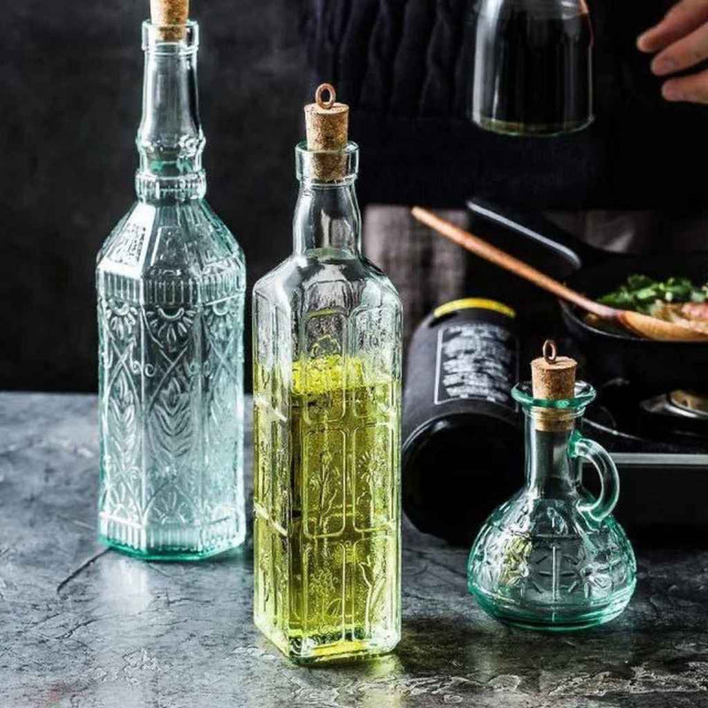 4-Piece Decorative Glass Oil & Vinegar Bottle Set With Cork Stoppers – Elegant Kitchen Set