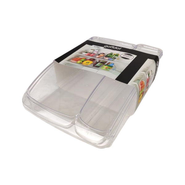 Clear plastic container with colorful labels on a white background