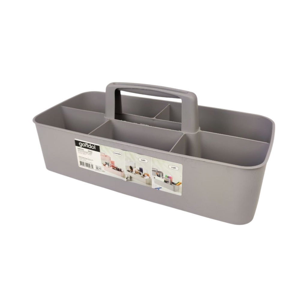 Gray tool tote with a handle on a white background