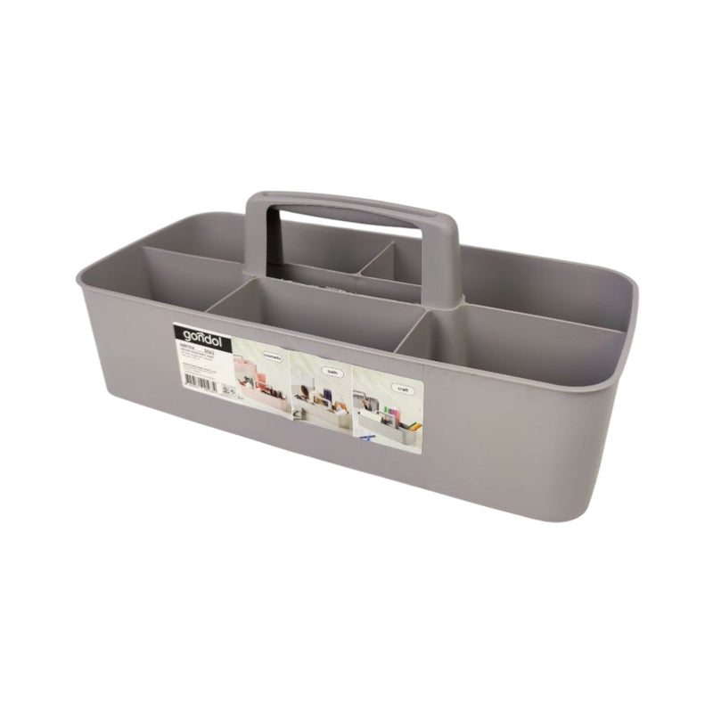Gray tool tote with a handle on a white background