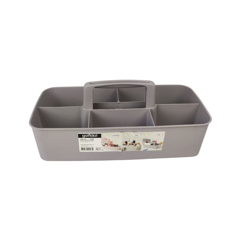 Gray tool organizer with a handle on a white background