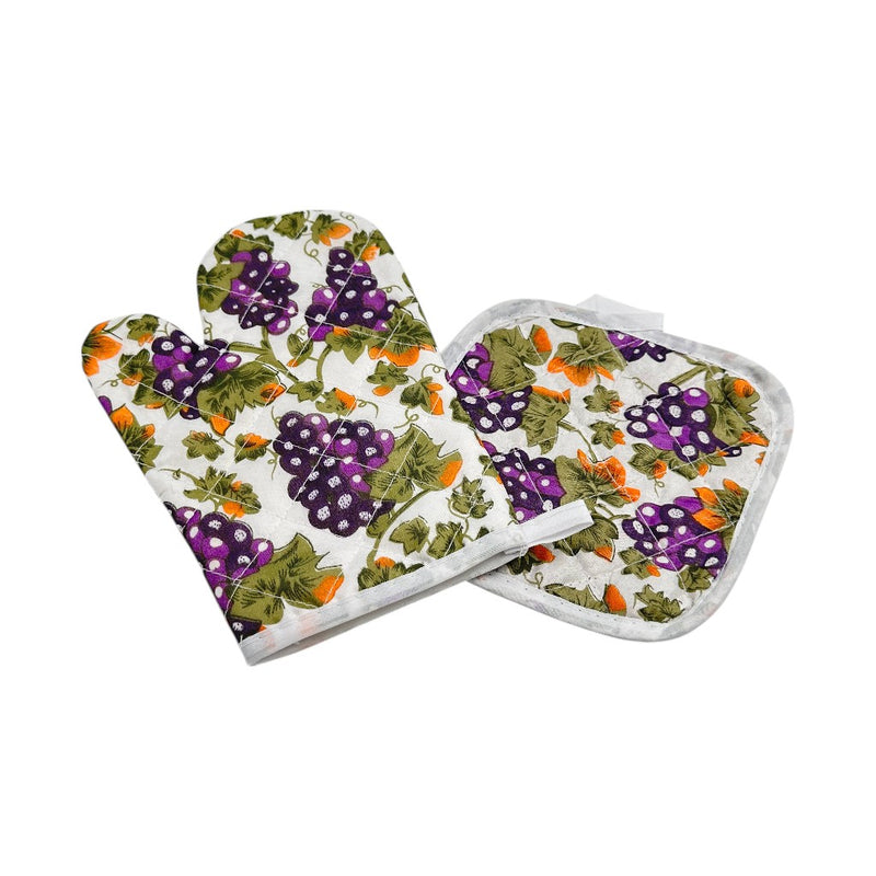 Oven mitt and pot holder set with purple grape and green leaf print on white fabric, for kitchen safety