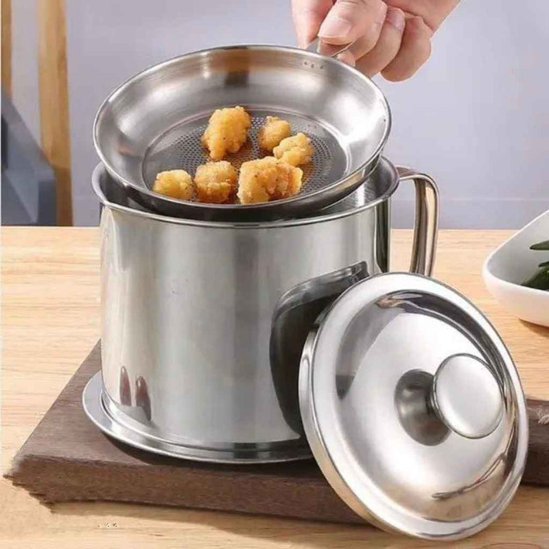 Stainless Steel Oil Storage Pot With Fine Mesh Strainer & Lid – Grease Container For Kitchen Use