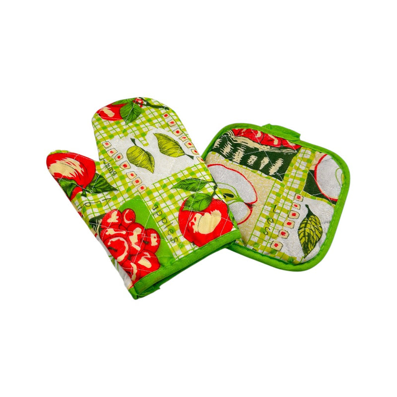 Oven mitt and pot holder set with green apple and leaf print on light green checkered fabric for kitchen safety