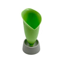 Green plastic kitchen funnel with angled spout and detachable grey silicone base, standing upright on white background