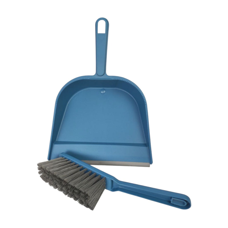 Blue dustpan and brush set on a white background