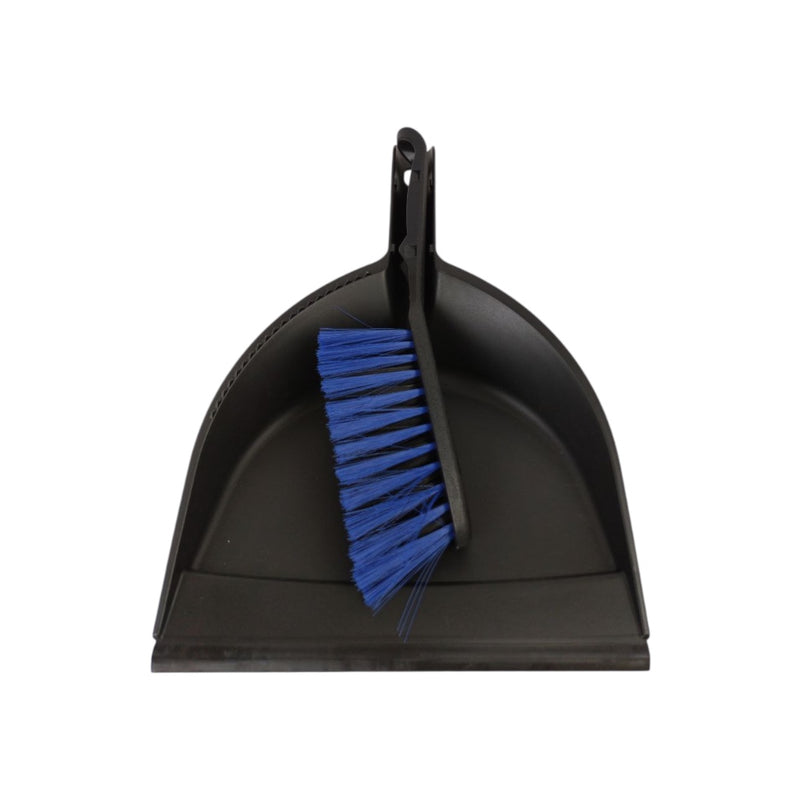 Black dustpan with blue bristle brush on a white background