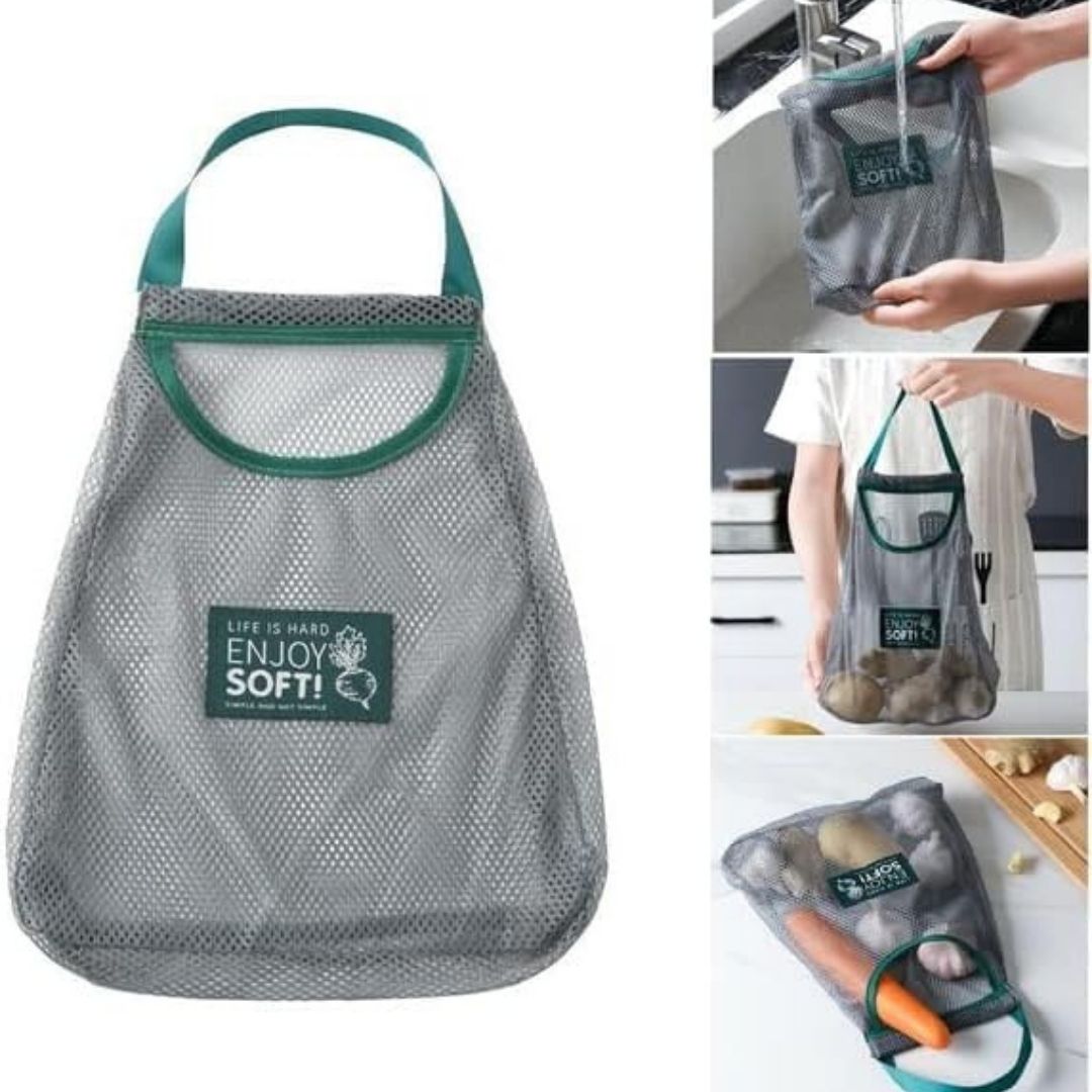 Mesh produce bag with 'Enjoy Soft!' branding, shown with use cases in a kitchen.
