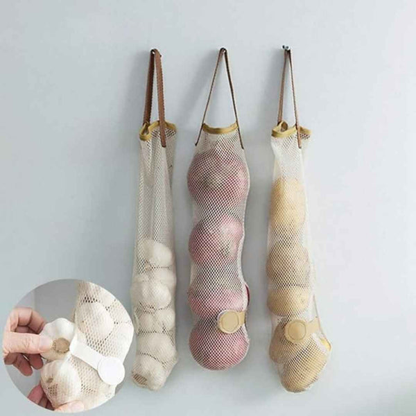 Hanging Mesh Bag for Vegetables - Reusable Kitchen Storage Bag with Bottom Opening