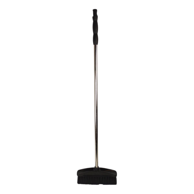 Black broom with a long handle on a white background