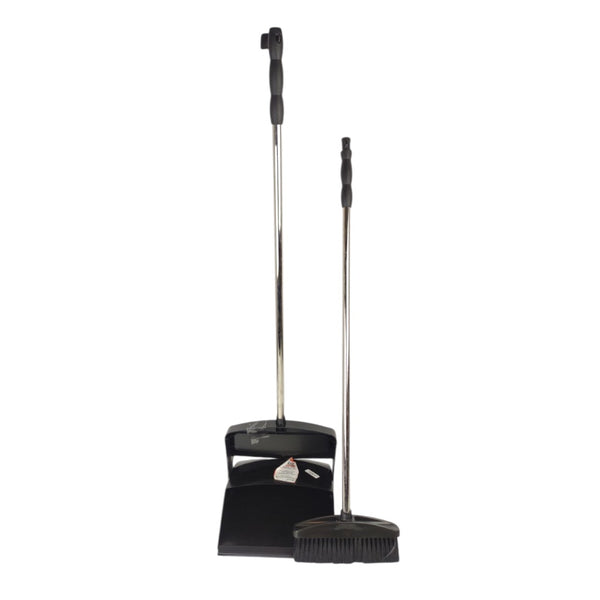 Black broom and dustpan set on a white background