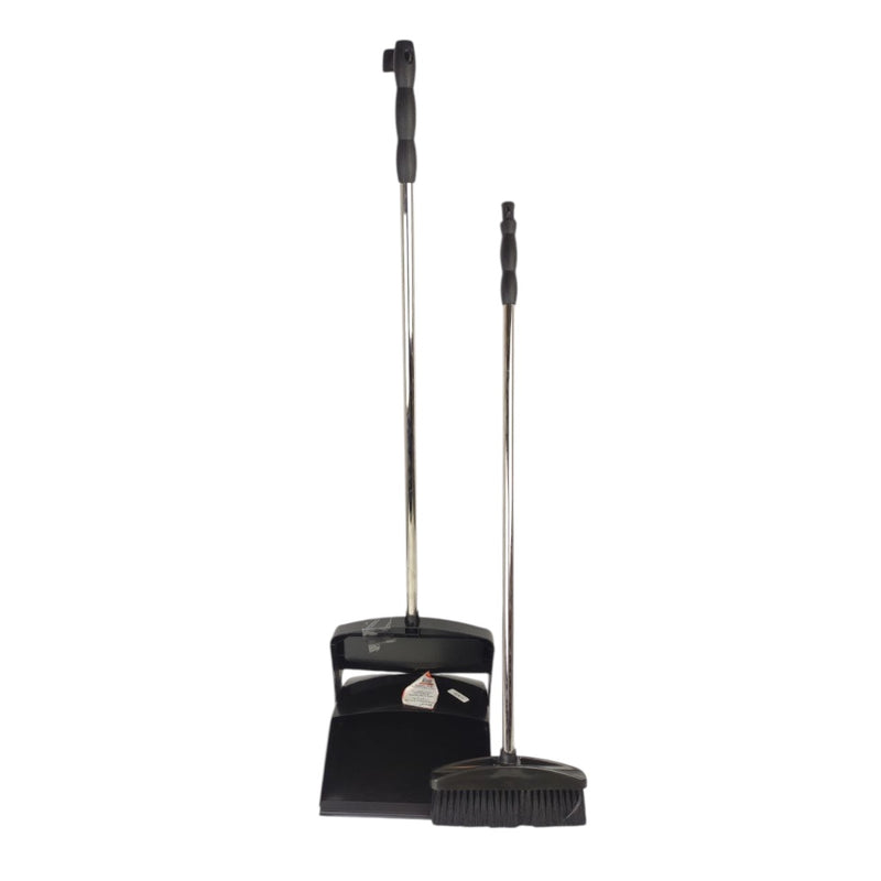 Black broom and dustpan set on a white background