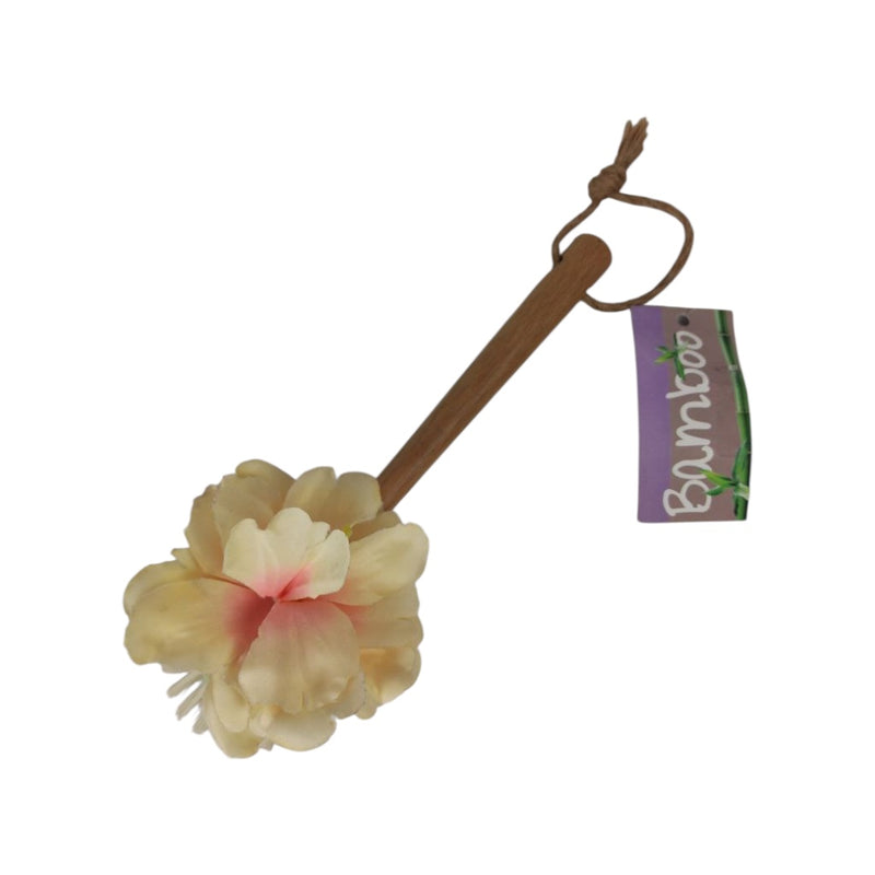 Floral dog toy with a brown handle and 'Bamboo' tag on a white background