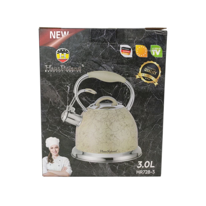 Marble-patterned kettle packaging with chef illustration and product details.