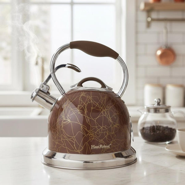 Brown patterned kettle on a kitchen counter with a blurred background