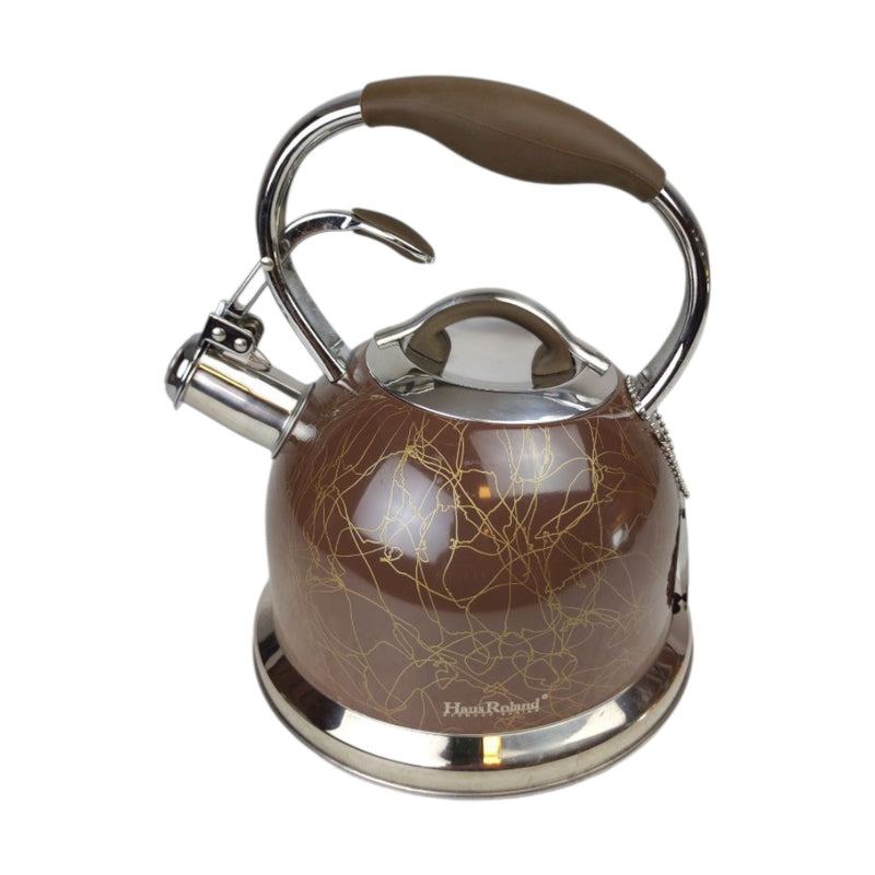 Brown and silver kettle with a decorative pattern on a white background