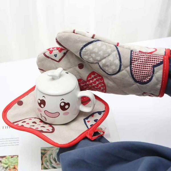 Cotton oven mitts with fun kitchen prints for safe baking and microwave use